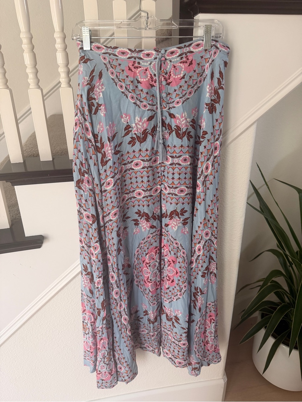 Spell Light Blue Floral Maxi Skirt with Pink & Brown Motif